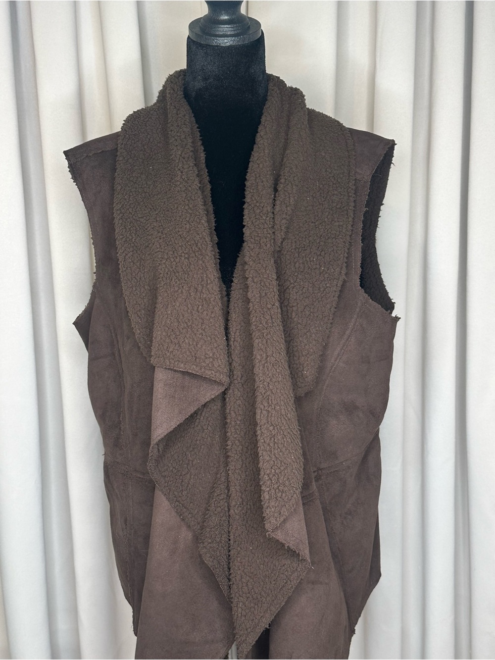 Cozy Brown Faux-Suede Sherpa Drape Vest